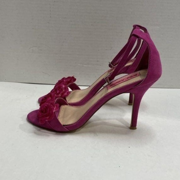 Pink Suede Open Toe Heels With Roses - Picture 3 of 6